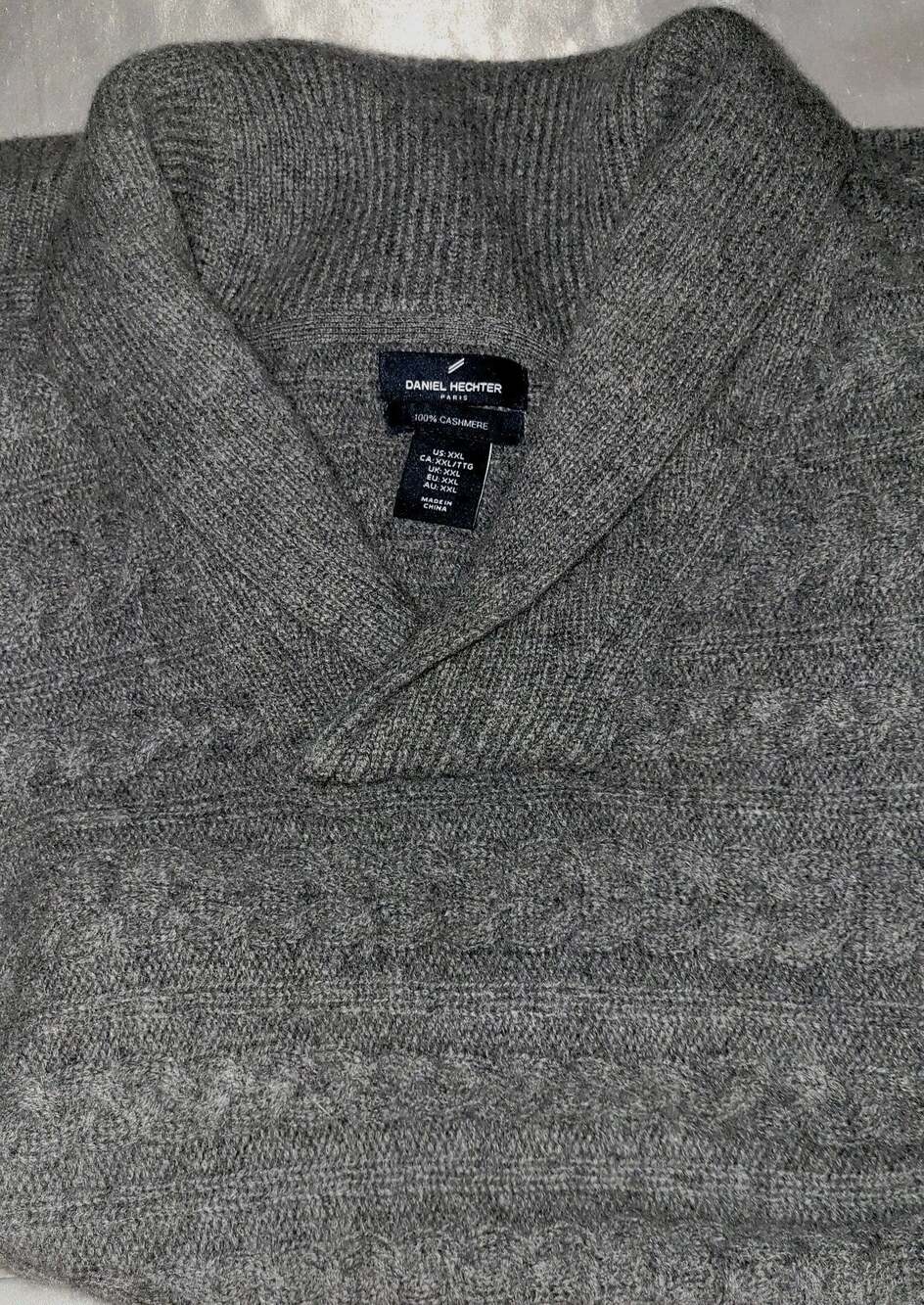 Daniel Hechter Paris Cashmere In Charcoal, Tuxedo Collar, Cable Details, Sz 2XL